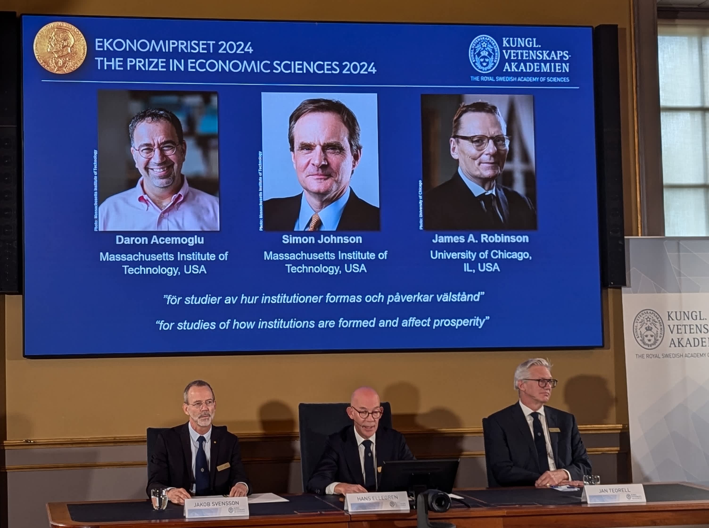 Daron Acemoglu, Simon Johnson, and James Robinson receive the Nobel economics prize for 2024.