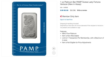 Platinum bars are now part of Costco's precious metals selection.