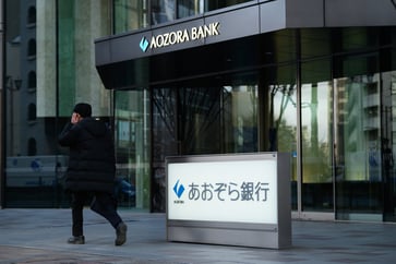 Near 3-year lows, Aozora Bank in Japan experiences losses due to bad U.S. property loans.