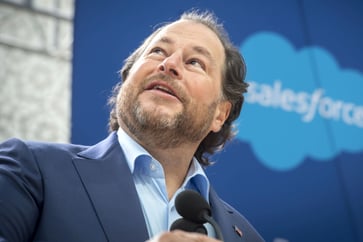 Marc Benioff, co-CEO of Salesforce, highlights robust sales projections, stating that the company is now $30 billion ahead of its targets.